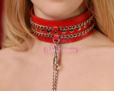 Ошейник из натуральной кожи с цепочкой-поводком